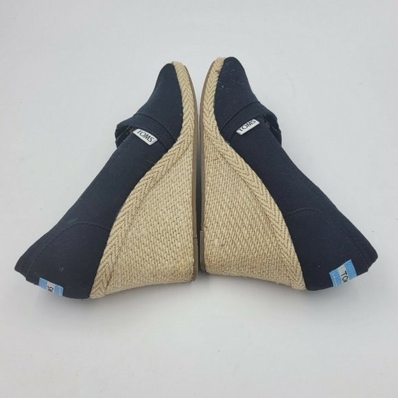 Toms Black Canvas Peep Toe Espadrille Wedge Heel Size 8.5 - Picture 6 of 9